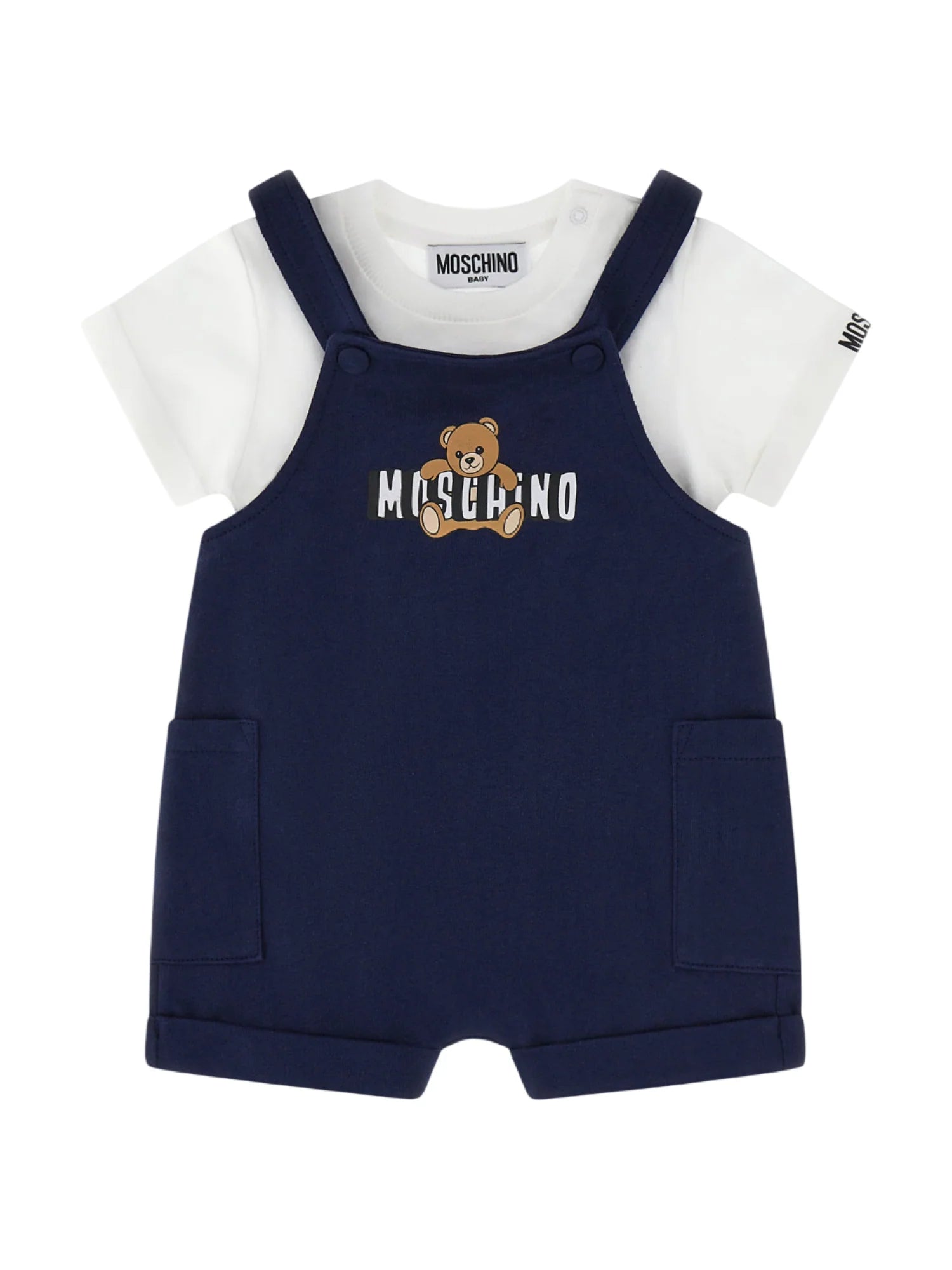 Moschino salopette neonato con T-shirt blu bianco MUG01T-LCA19 83240 MOSCHINO