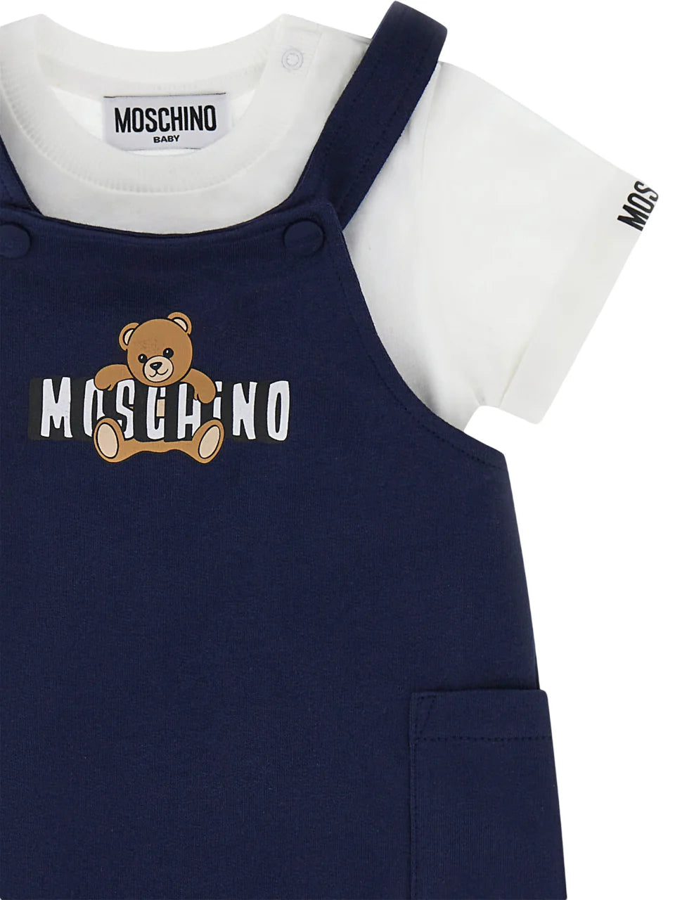 Moschino salopette neonato con T-shirt blu bianco MUG01T-LCA19 83240 MOSCHINO