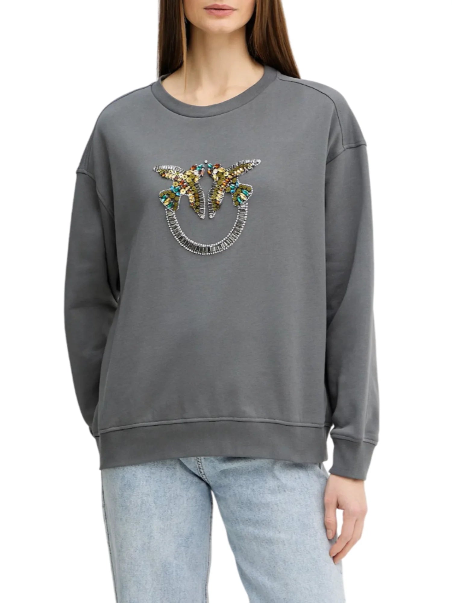 Pinko felpa Nelly con ricamo Love Birds gioiello grigio 100534-A33G K10 PINKO