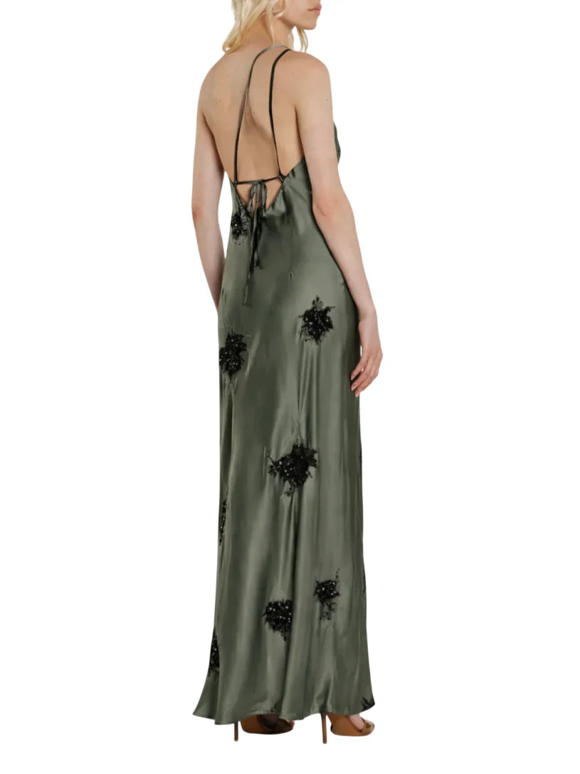 Relish abito monospalla satin con applicazioni floreali paillettes verde ARCAJA 1199 RELISH