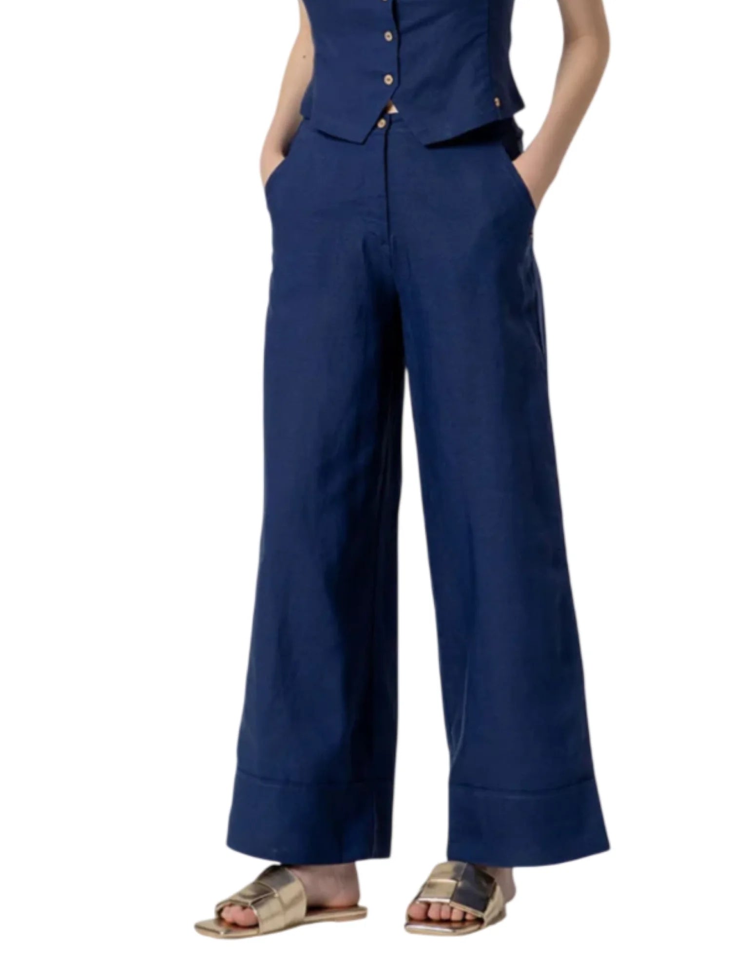 Surkana pantaloni gamba larga misto lino blu 526NAPE525 52 SURKANA
