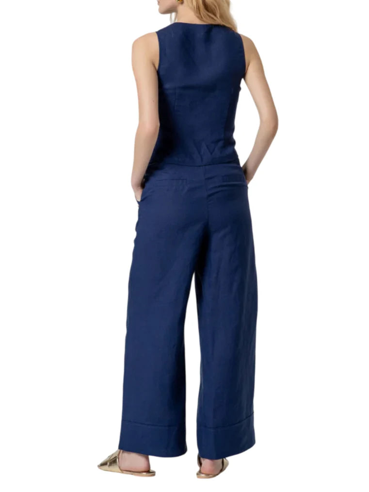 Surkana pantaloni gamba larga misto lino blu 526NAPE525 52 SURKANA