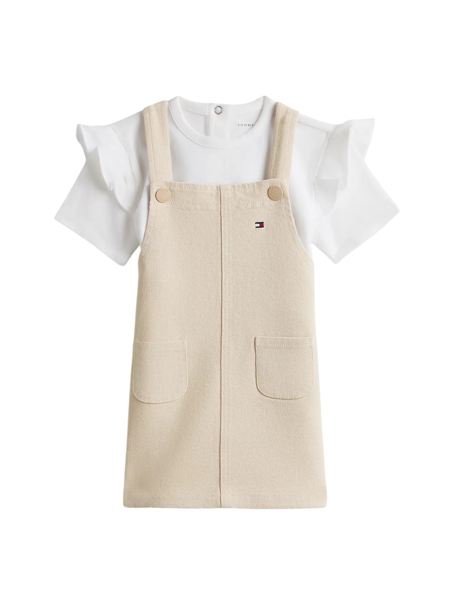 Tommy Hilfiger abito neonata salopette e T-shirt beige bianco KN0KN02380 ACI Tommy Hilfiger
