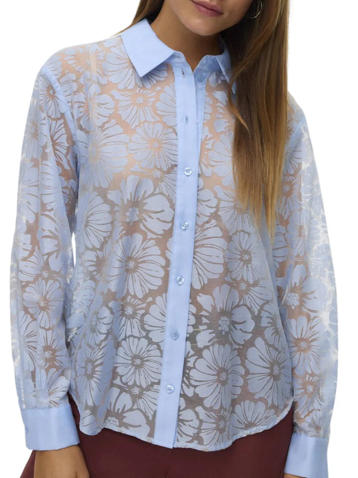 Vero Moda camicia donna in organza trama floreale celeste 10340599 BRUNNERA BLUE VERO MODA