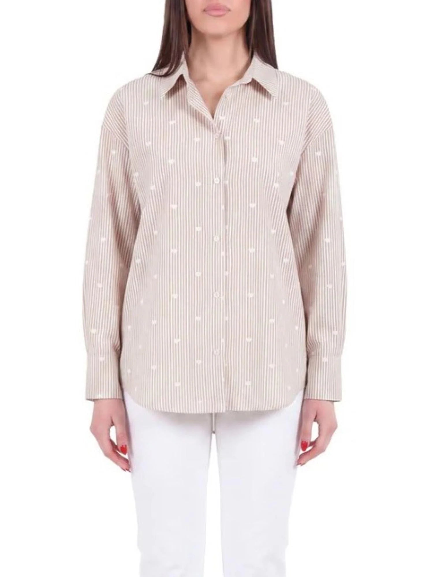 Yes Zee camicia a righe donna con cuoricini bianco beige C418-Y400 2203 YES-ZEE