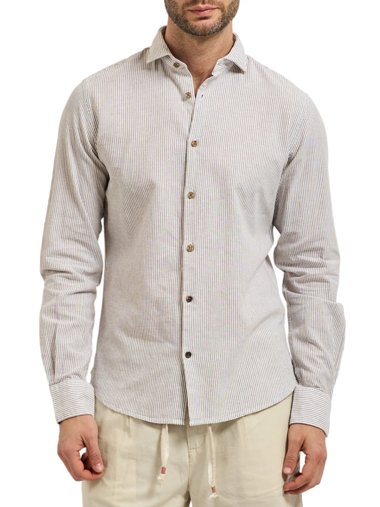 Yes Zee camicia uomo misto lino fantasia gessata bianco beige C505-UE00 2232 YES-ZEE