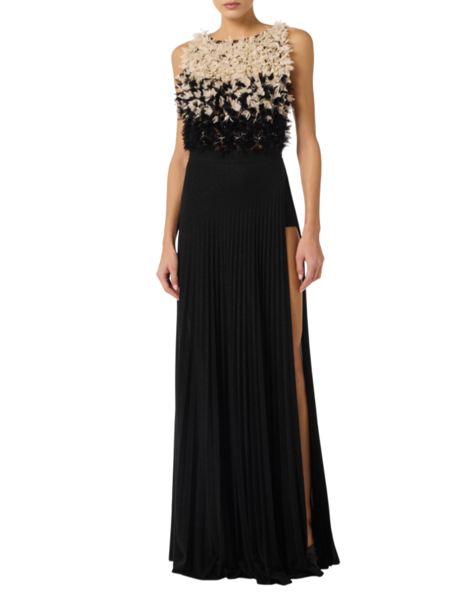 Elisabetta Franchi abito lungo plissè Red Carpet con petali nero ABR4462 685 ELISABETTA FRANCHI