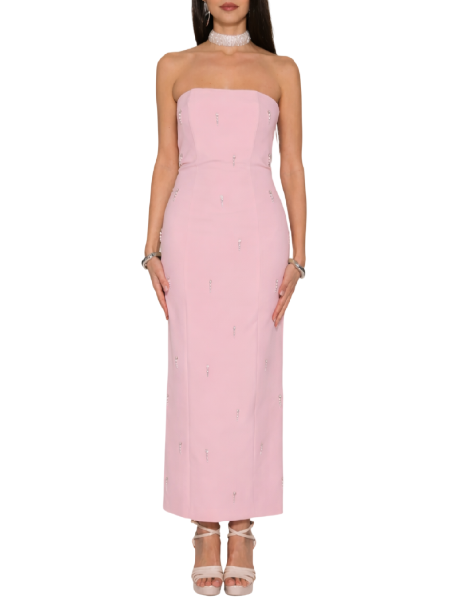 Silence abito midi con applicazioni gioiello rosa AB4083PRL PASTEL PINK SILENCE