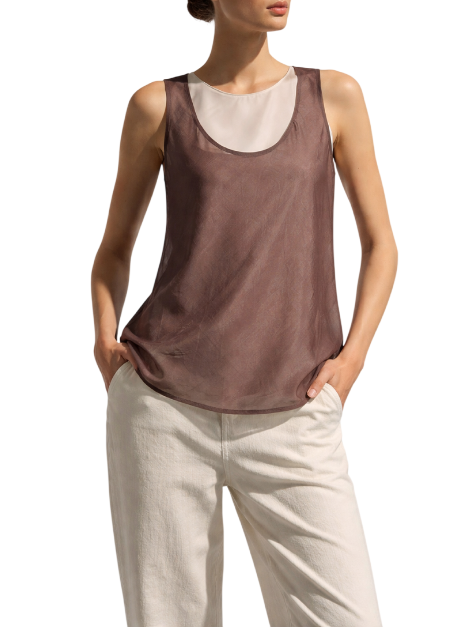 Sandro Ferrone blusa smanicata doppia in raso e organza ecrù marrone S7XBFMEJOR MORO-SETA Sandro FERRONE