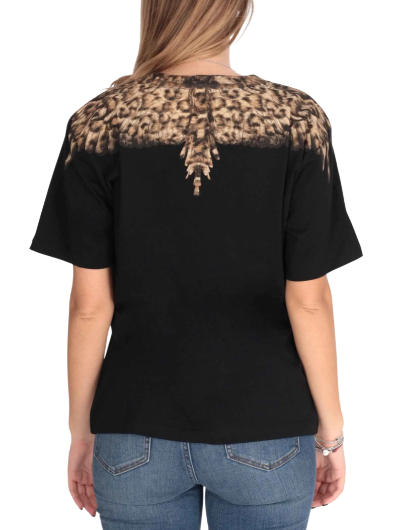 County of Milan T-shirt donna in jersey con stampa iconica nero beige CM30166 NERO-WINGS ANIMALIER COUNTY OF MILAN