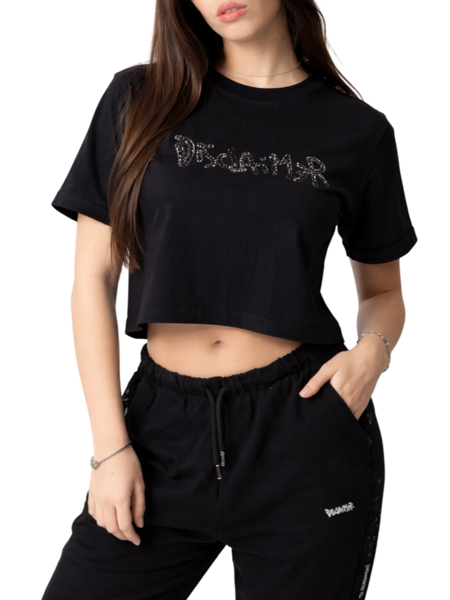 Disclaimer T-shirt crop donna con logo strass nero 55624 NERO DISCLAIMER