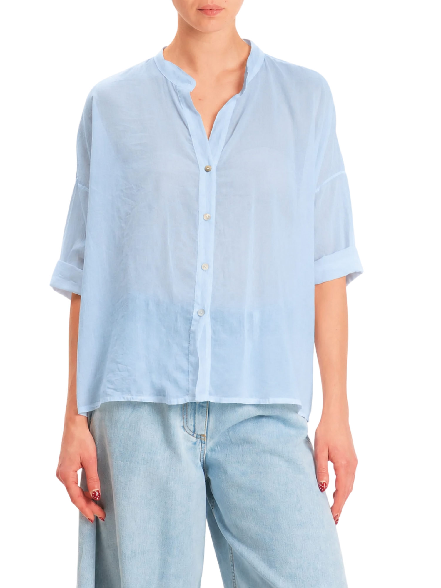 Haveone camicia alla coreana donna in cotone celeste CFLQ387 AZURE HAVEONE