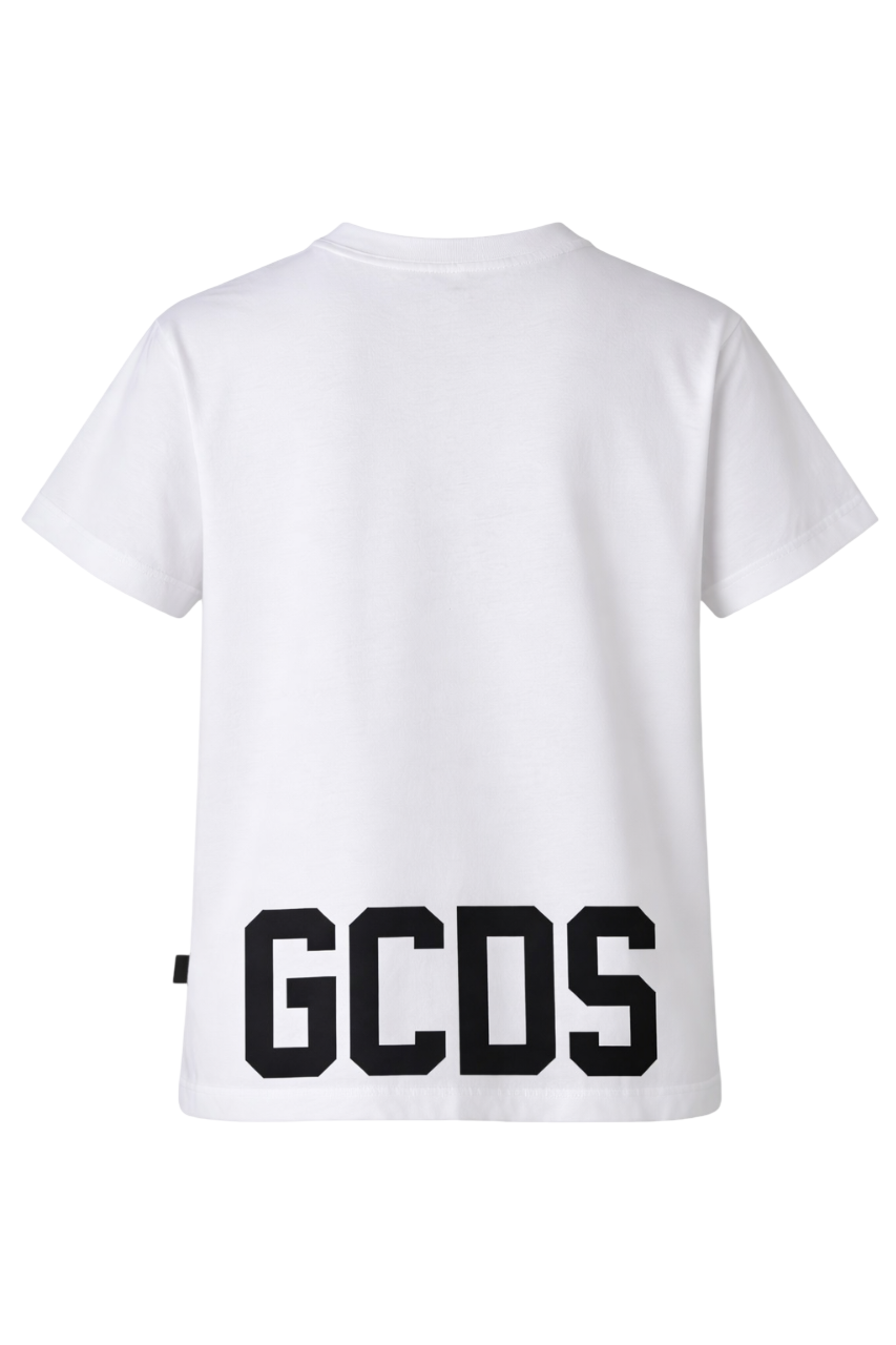 GCDS T-shirt bambino manica corta con logo bianco Z0UJQC587J105 OPTIC WHITE-BLACK GCDS