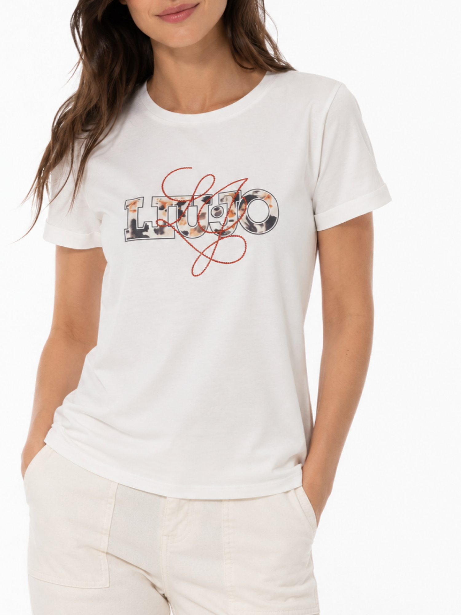 Liu Jo T-shirt donna manica corta con strass bianco latte TA6163JS003 P9312 LIU JO
