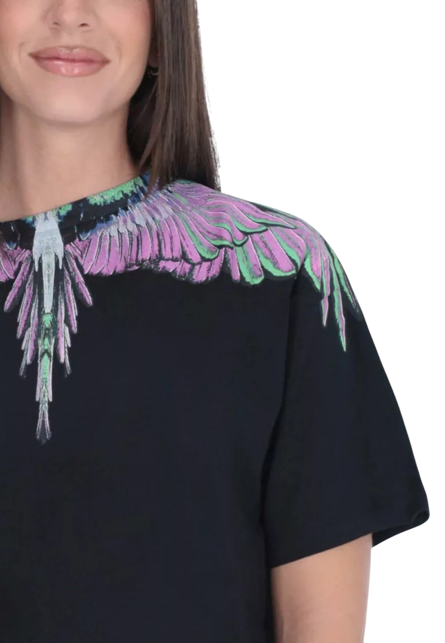 County of Milan T-shirt donna con stampa iconica nero CM30001 NERO-PINK WINGS COUNTY OF MILAN