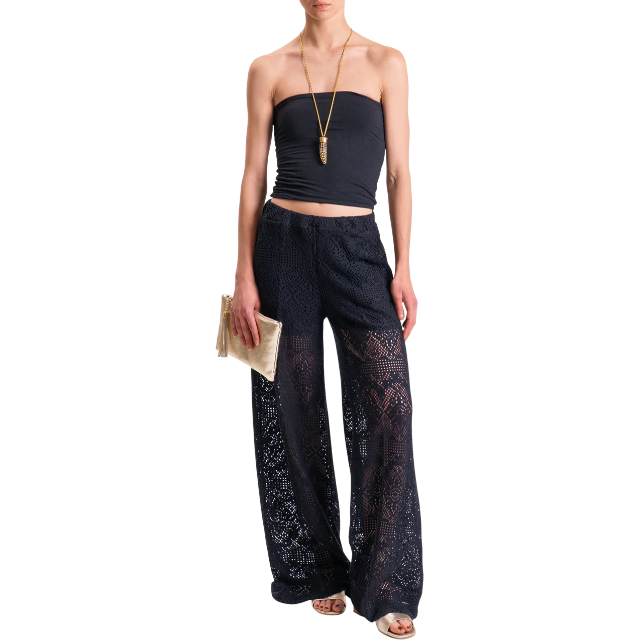 Vicolo pantaloni palazzo crochet nero TD2689 NERO VICOLO