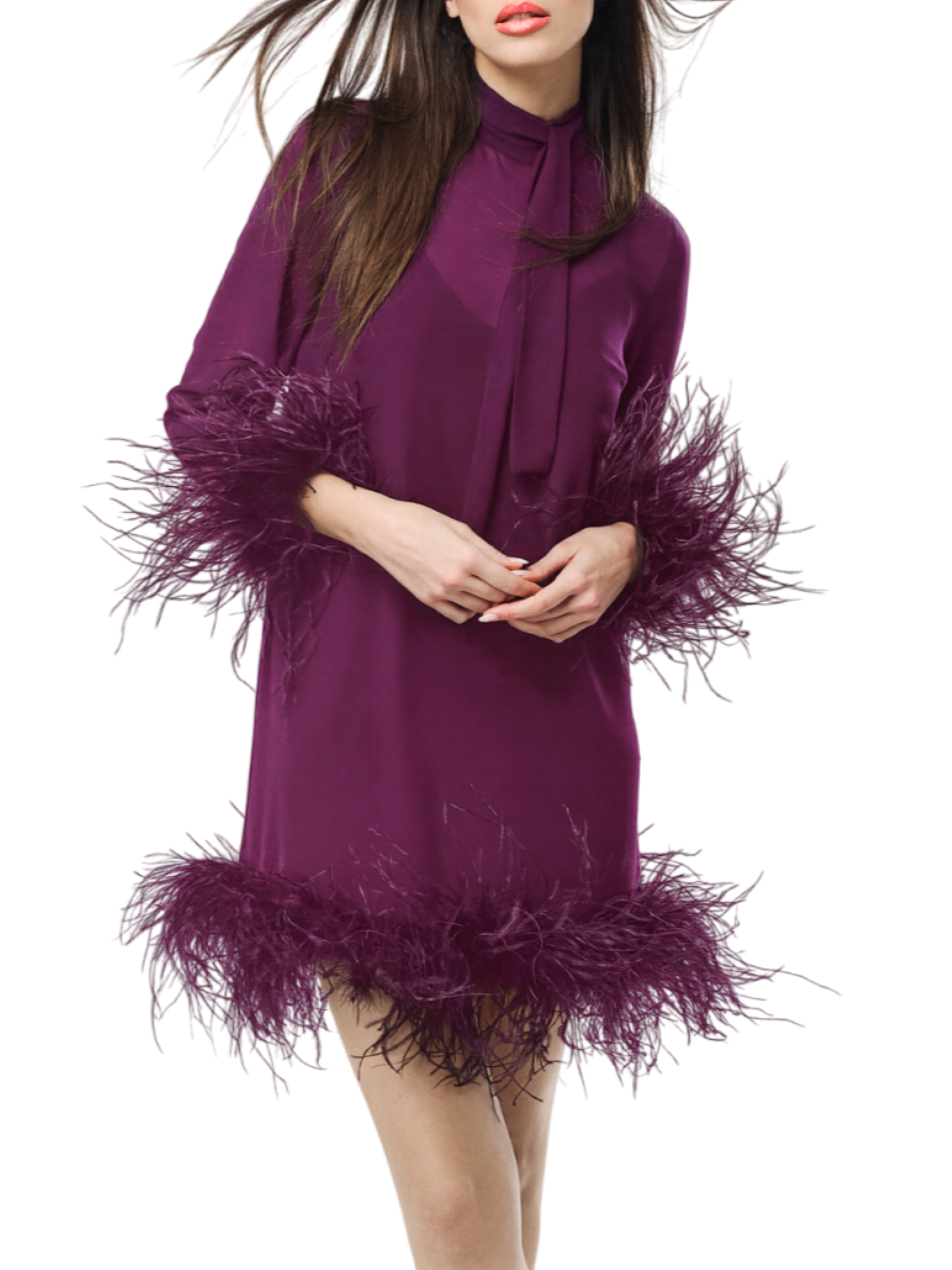 Alessandro Legora abito corto con piume viola AT122 PRUGNA A.LEGORA