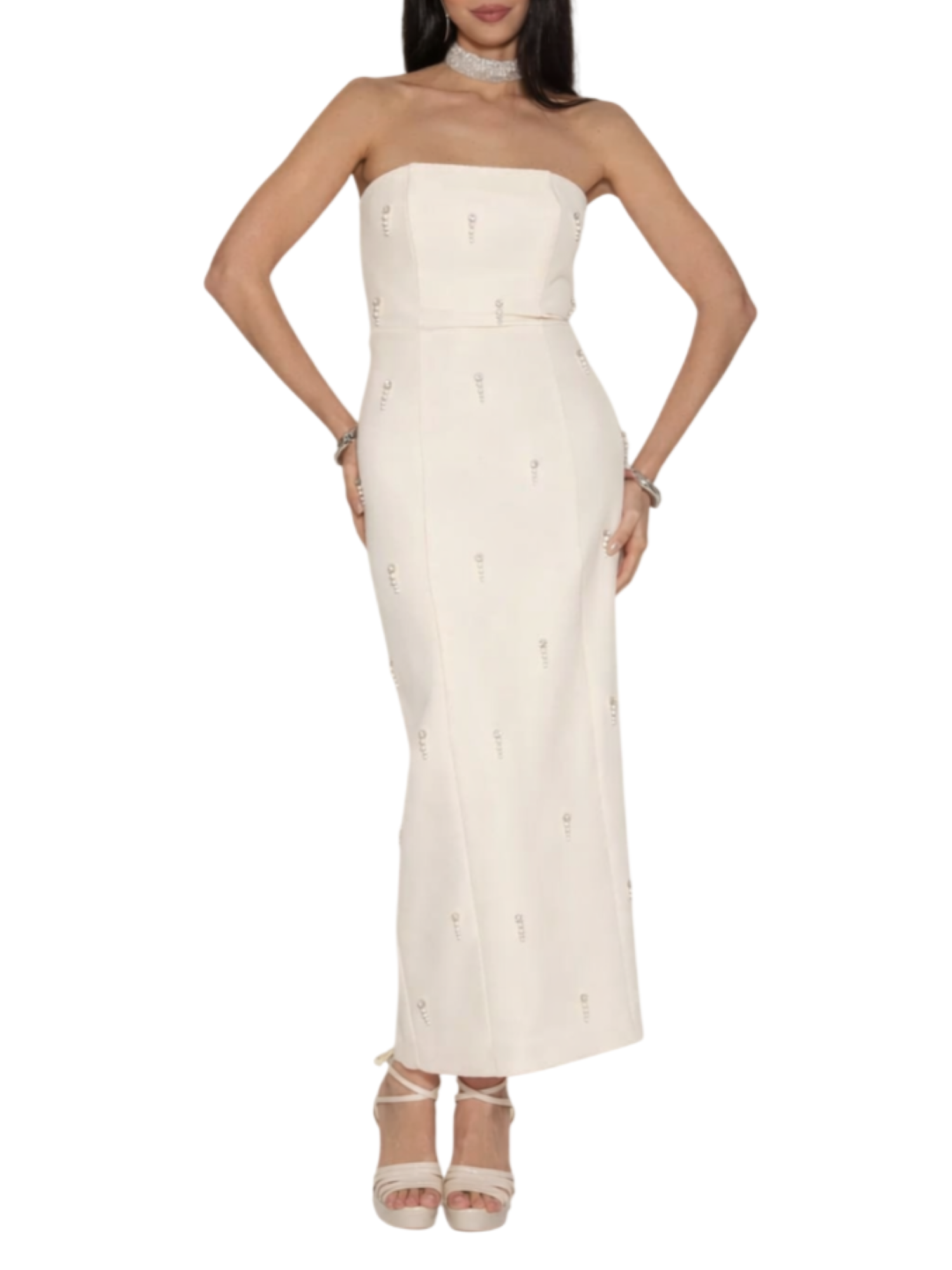 Silence abito midi con applicazioni gioiello panna AB4083PRL OFF WHITE SILENCE