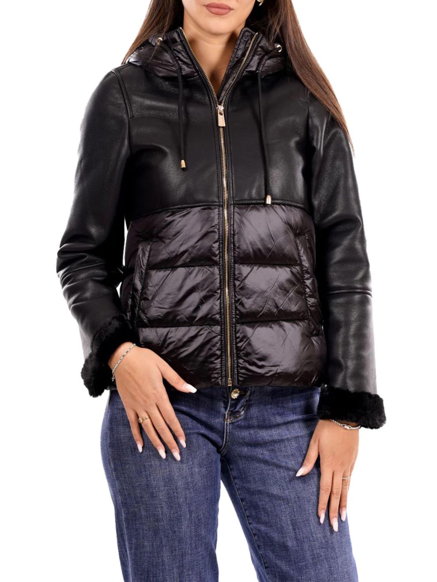 Yes Zee giubbino donna in ecopelle e nylon nero J018-GB00 0801 YES-ZEE