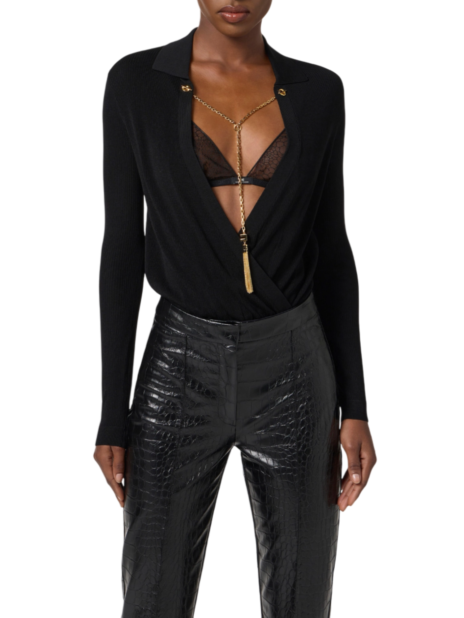 Elisabetta Franchi body in maglia con catena nero BK75B56E3 110 ELISABETTA FRANCHI