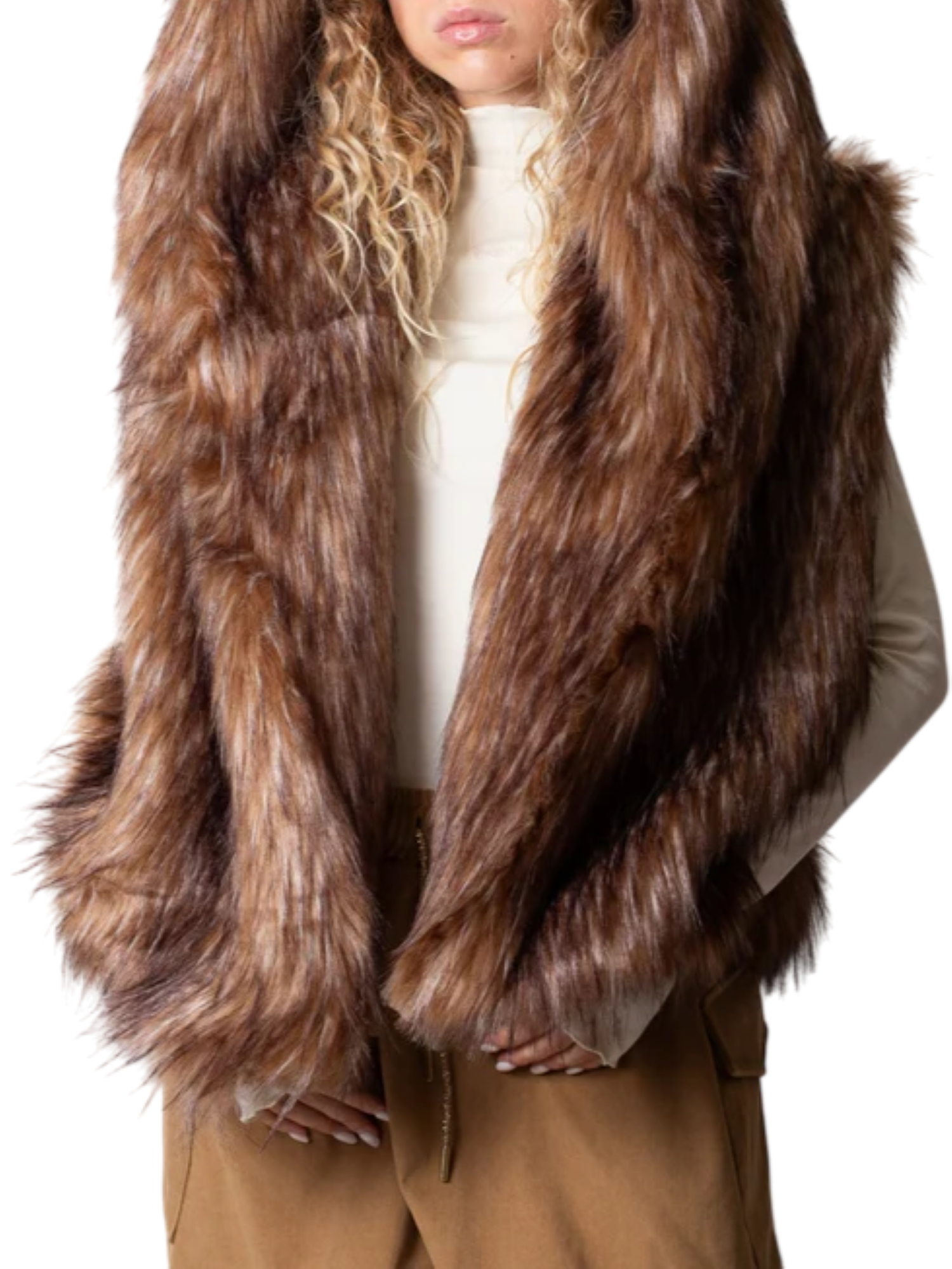 Disclaimer gilet in ecopelliccia con cappuccio cammello 55286 CAMMELLO DISCLAIMER