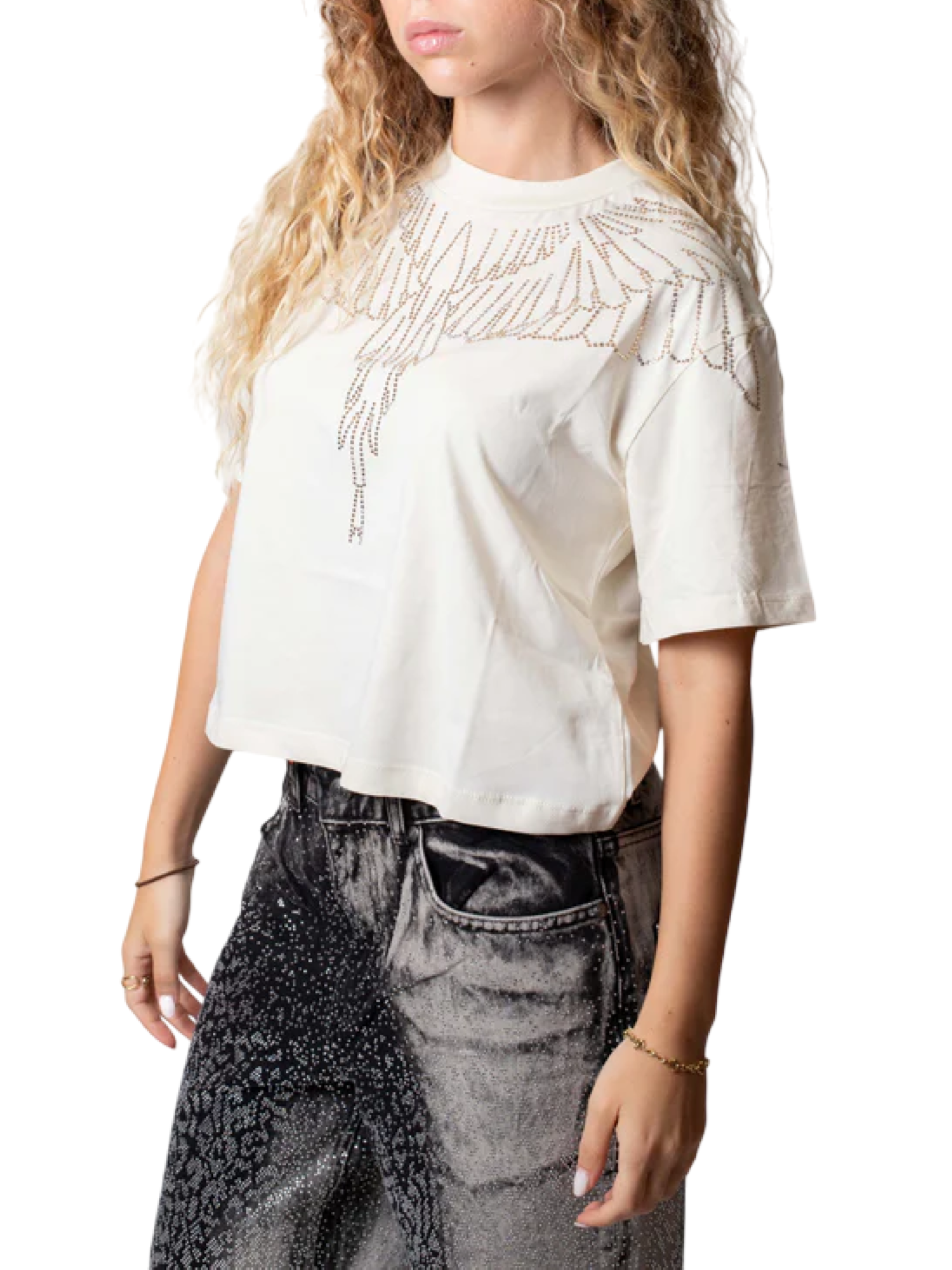 County of Milan T-shirt donna con strass panna CM30016 LATTE COUNTY OF MILAN