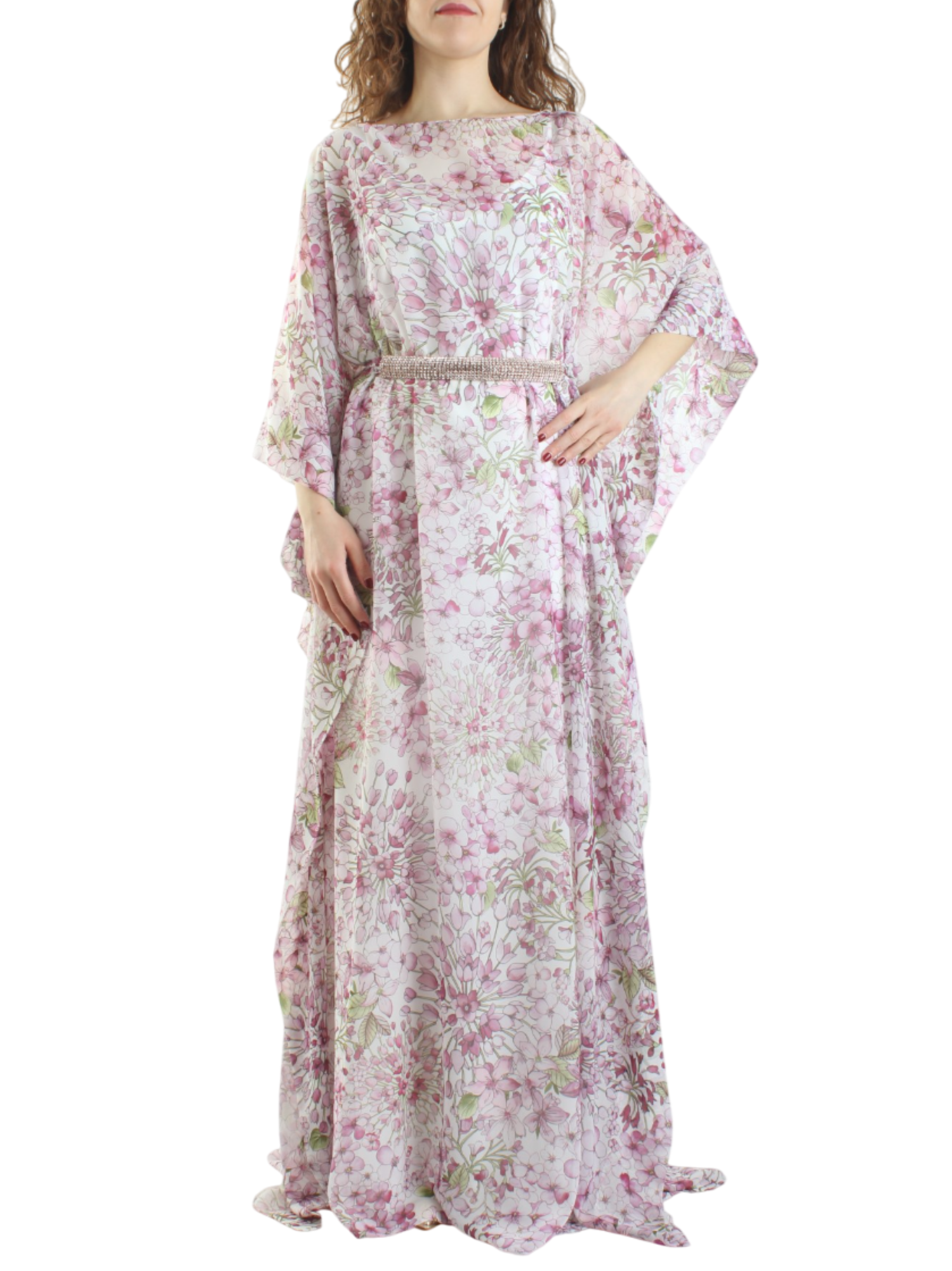 Atelier Legora abito da cerimonia lungo in fantasia floreale bianco rosa AT148-21 GERANIO A.LEGORA