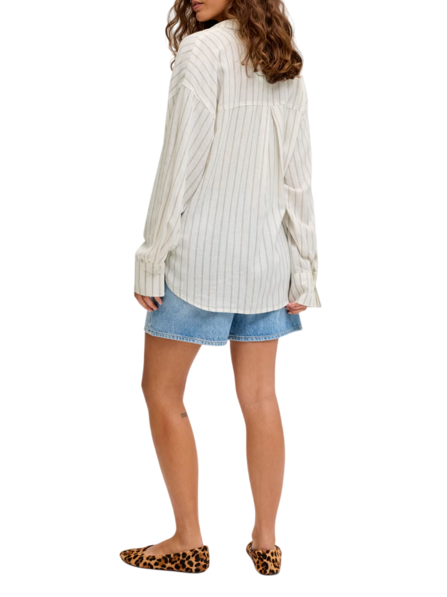 Jjxx camicia gessata donna misto lino panna beige 12287703 BLANC DE BLANC-SILVER MINK JJXX
