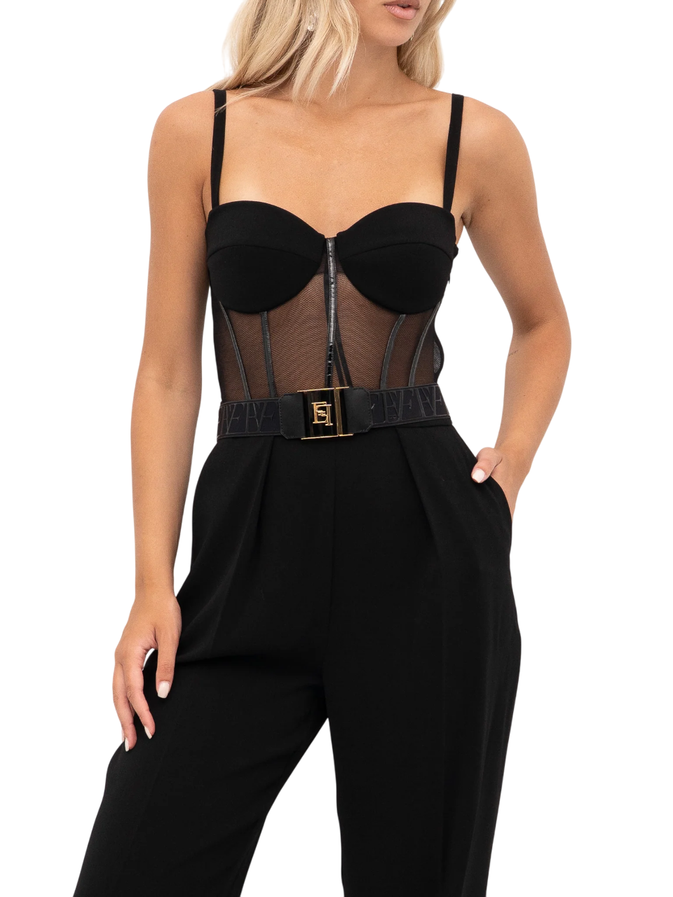 Elisabetta Franchi tuta jumpsuit in tulle e crepe nero TU05756E2 110 ELISABETTA FRANCHI