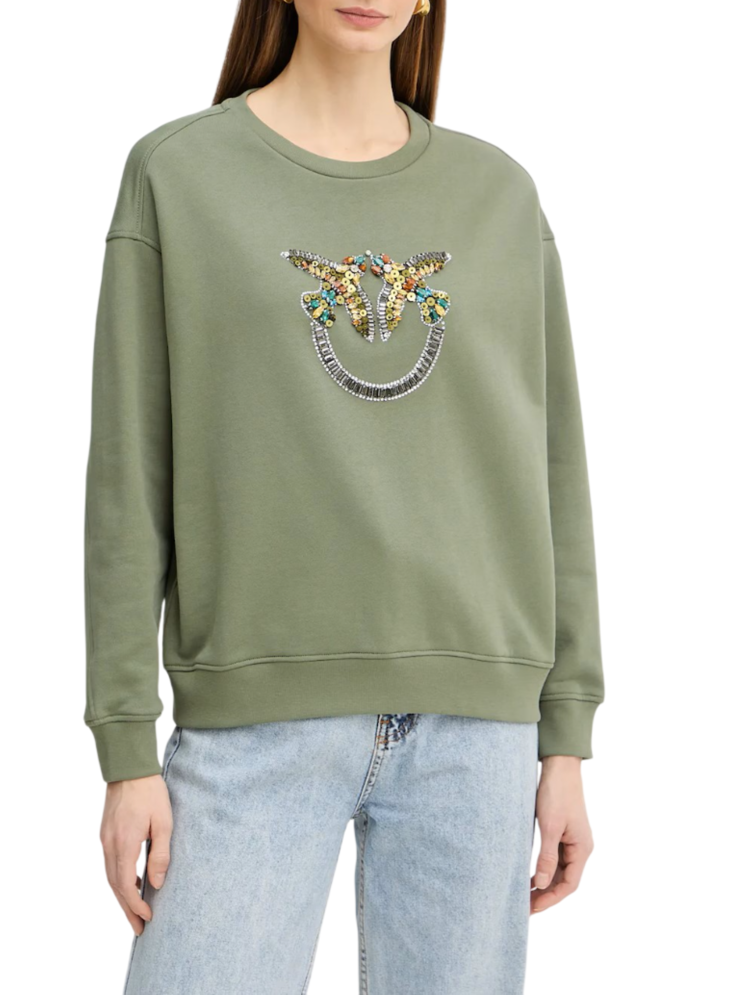 Pinko felpa Nelly con ricamo Love Birds gioiello verde 100534-A33G U84 PINKO