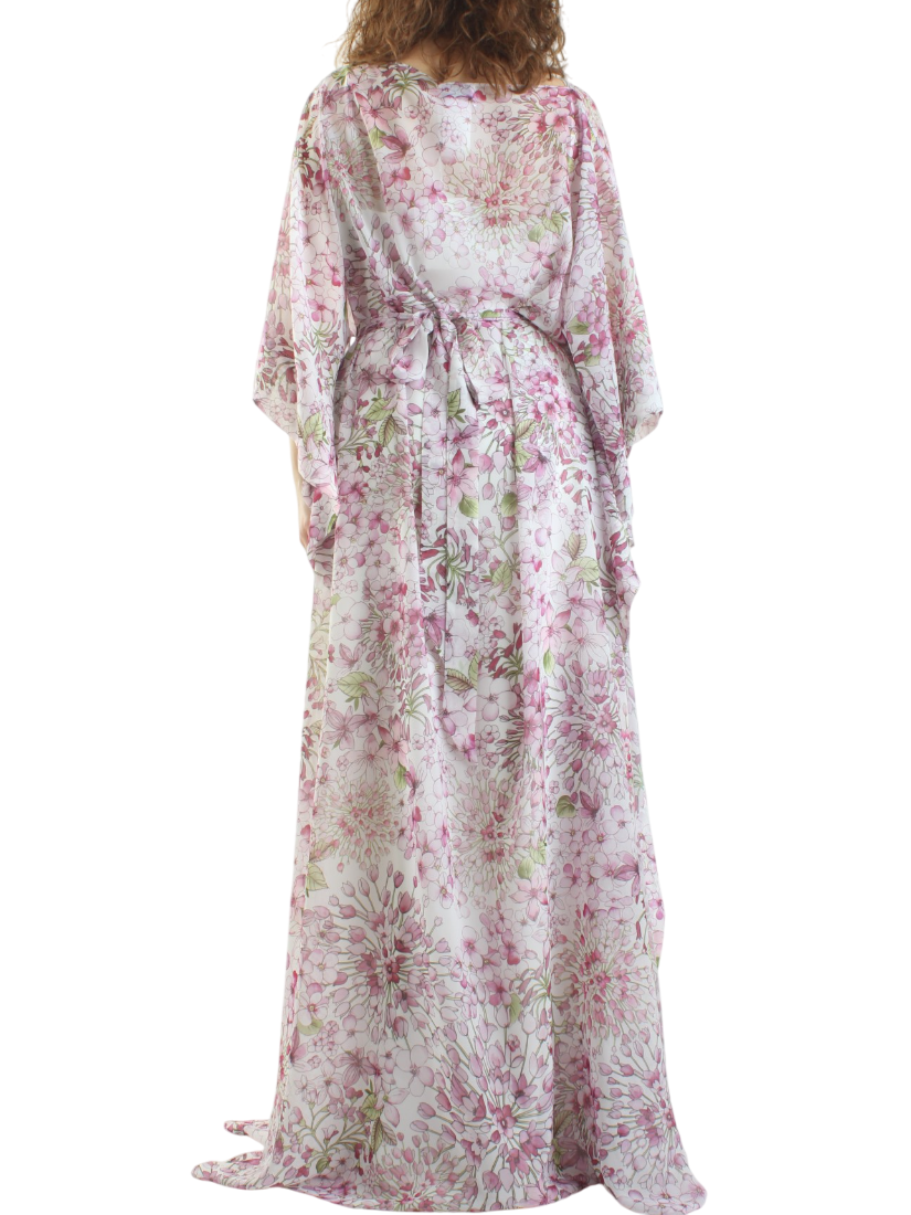 Atelier Legora abito da cerimonia lungo in fantasia floreale bianco rosa AT148-21 GERANIO A.LEGORA