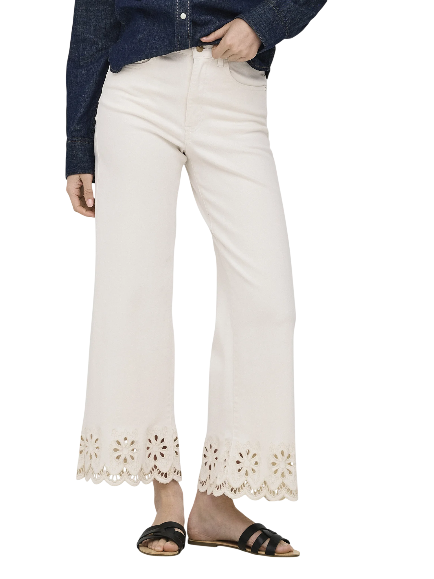 Only jeans donna wide leg con dettagli in pizzo Sangallo panna 15372378 WHITE DENIM ONLY