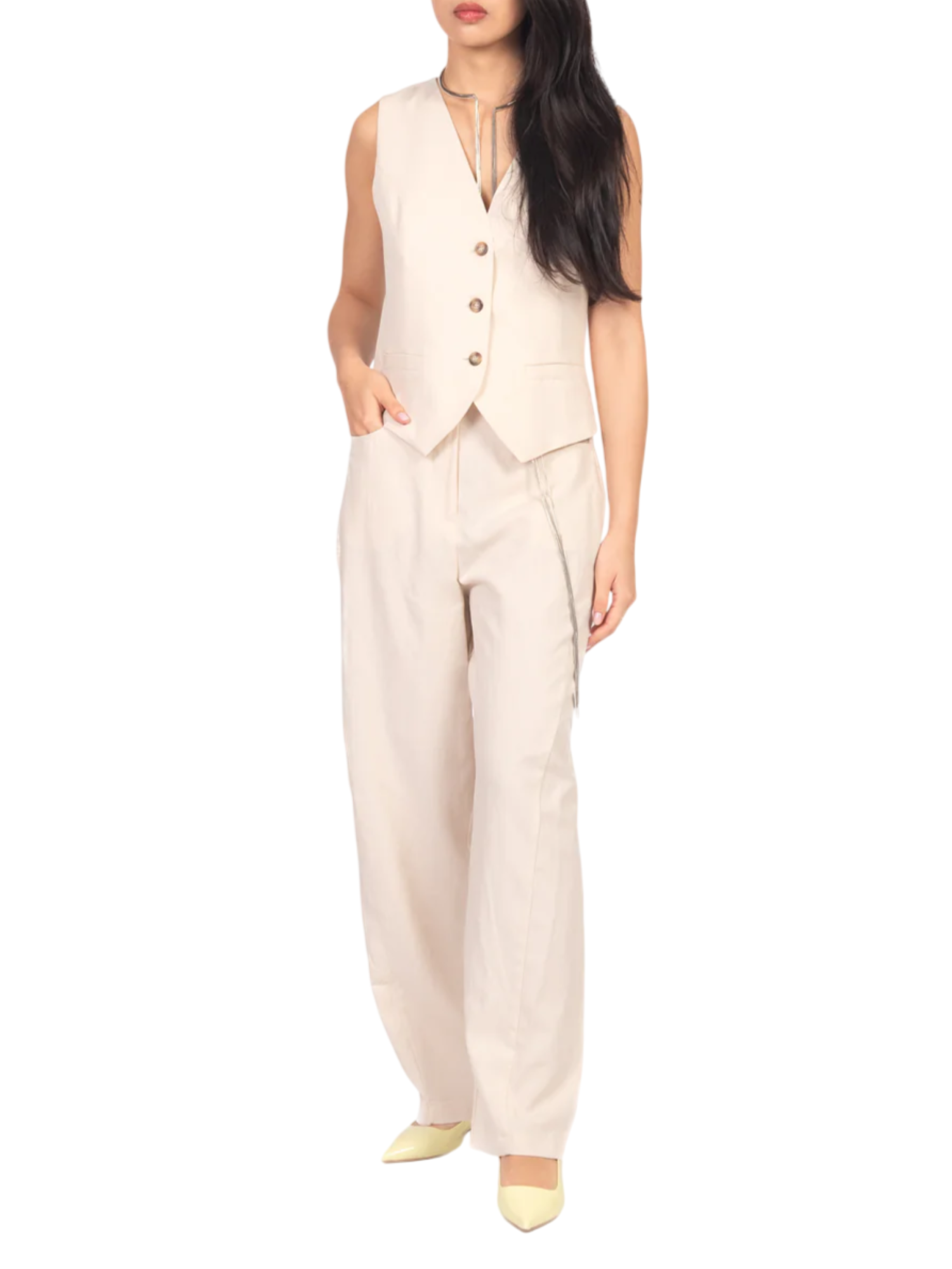 Vicolo completo donna gilet e pantaloni misto lino burro TAB2327 BURRO VICOLO