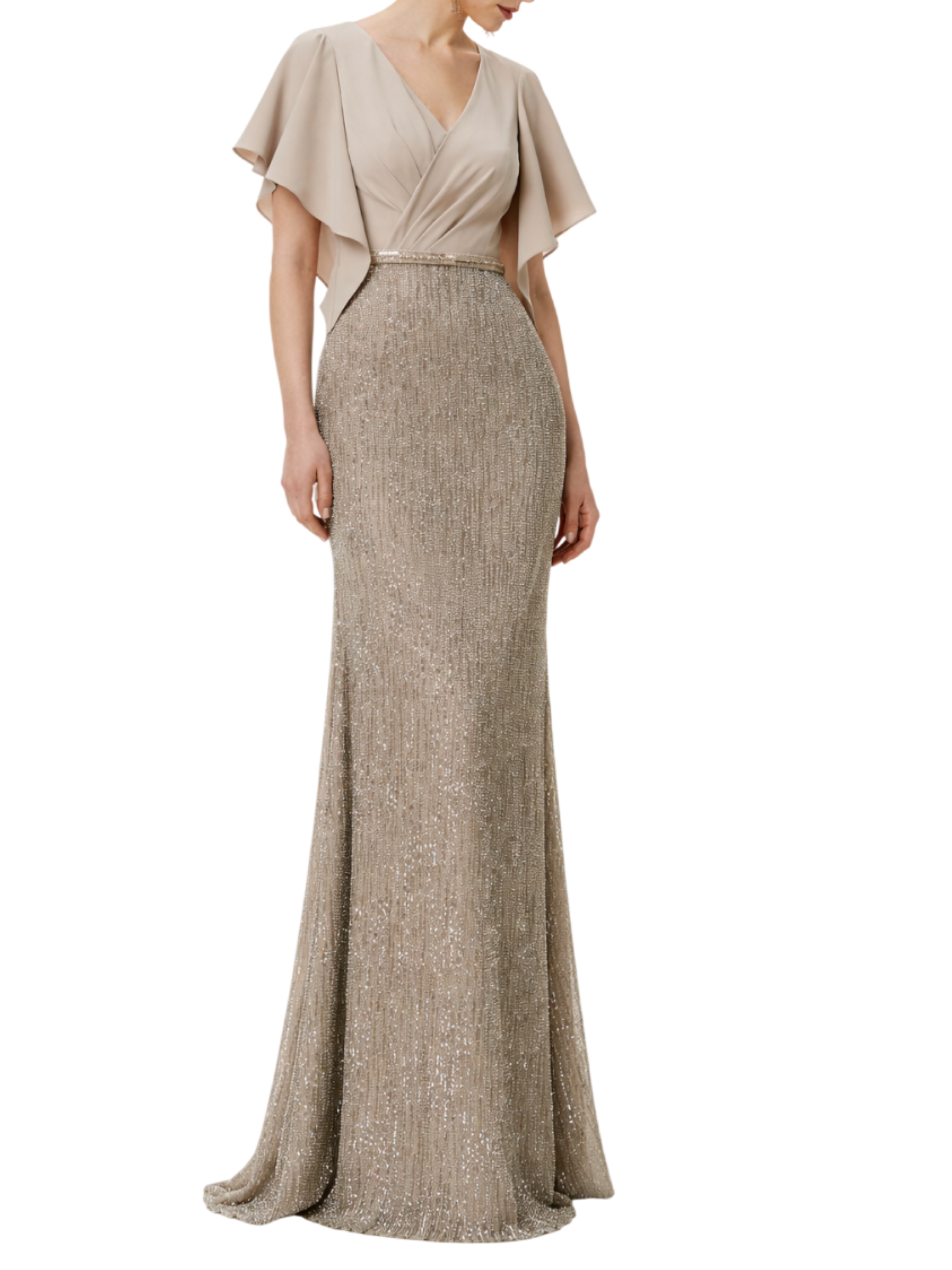 1gh3-lungo, in perline con corpetto in crêpe. scollo a v, maniche a mantella, schiena chiusa e scialle 1G2H3PED00 220-ALMENDRA COUTURE CLUB