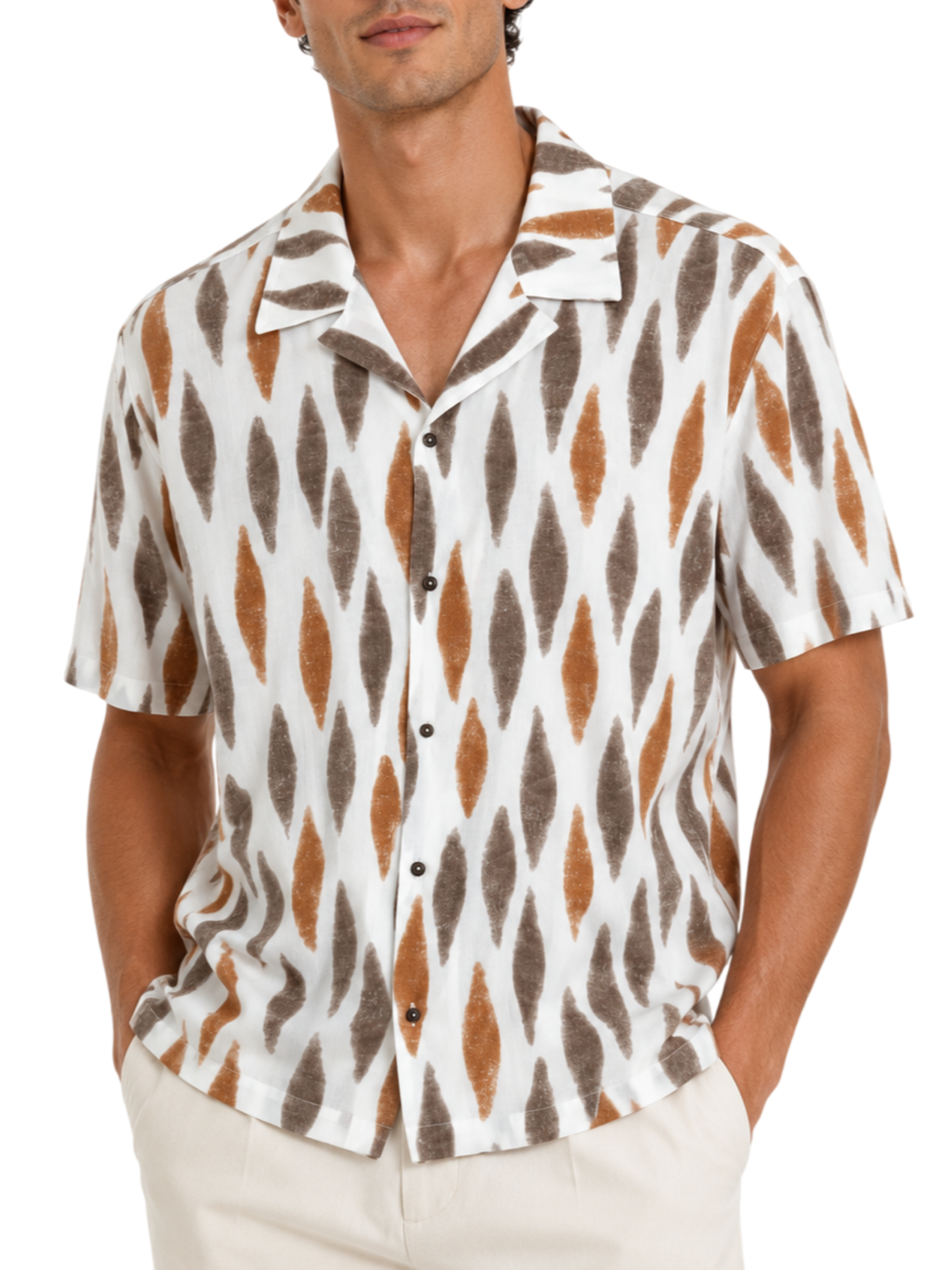 Alta Tensione camicia uomo in fantasia manica corta panna marrone 3191-SABBIA UNICA ALTA TENSIONE