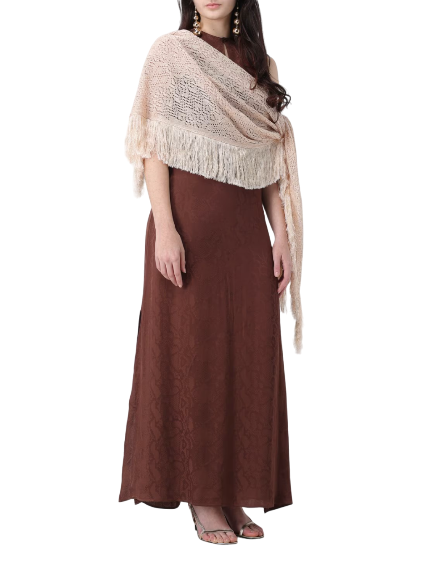 Simona Corsellini scialle in maglia traforata lurex con frange beige P24CPSLO02 0075 SIMONA CORSELLINI