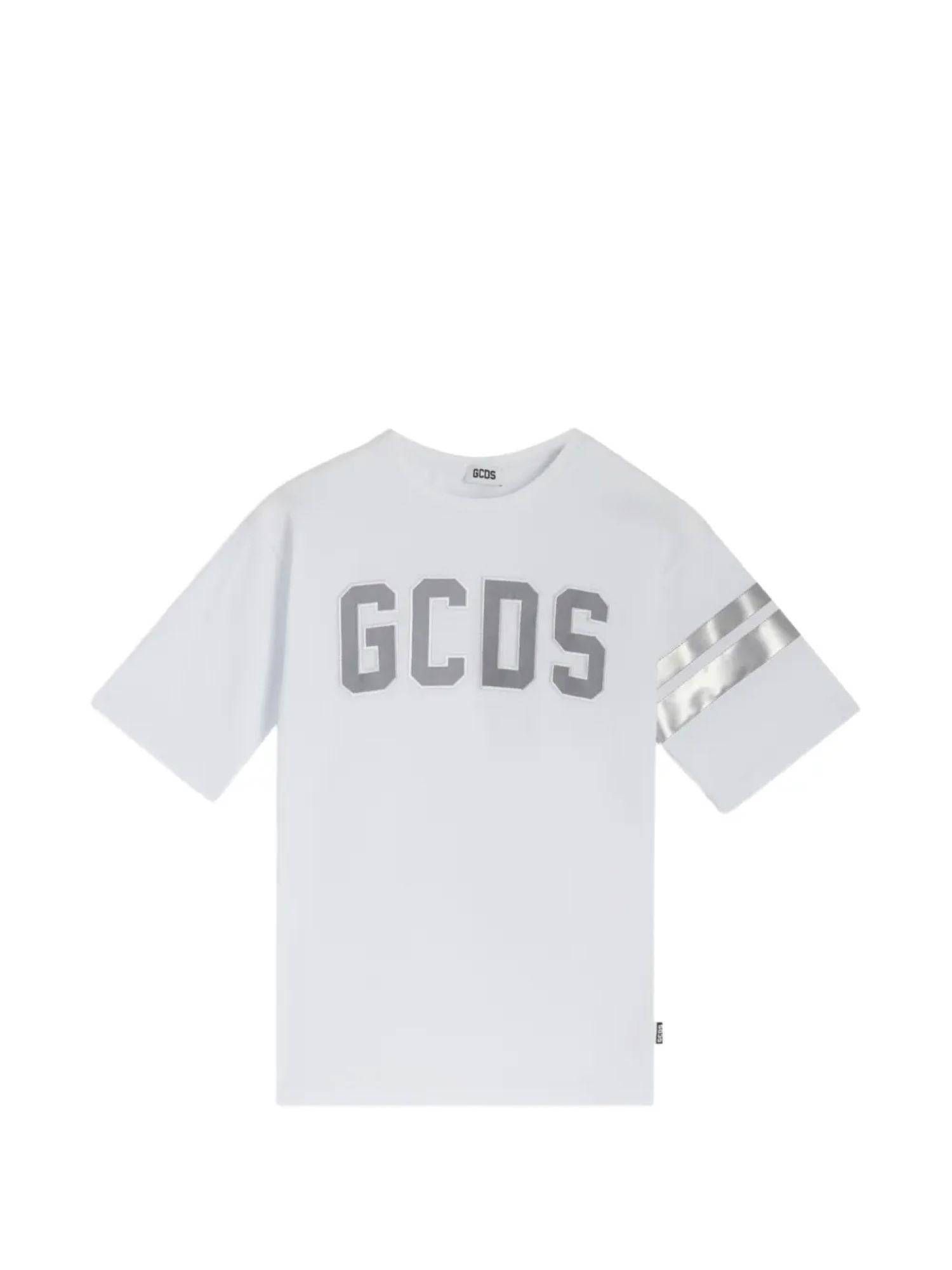 GCDS T-shirt bambino con logo catarifrangente bianco argento C1UJQC703J105 OPTIC WHITE-GREY GCDS
