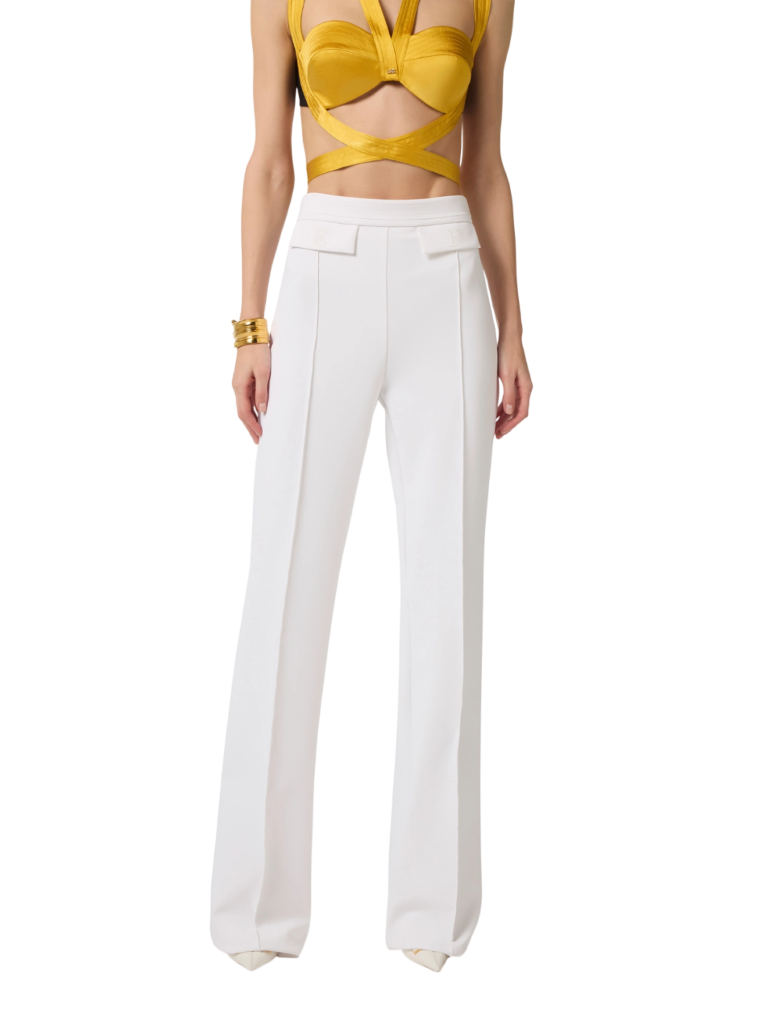 Elisabetta Franchi pantaloni a zampa in tessuto crepe avorio PA17161 360 ELISABETTA FRANCHI