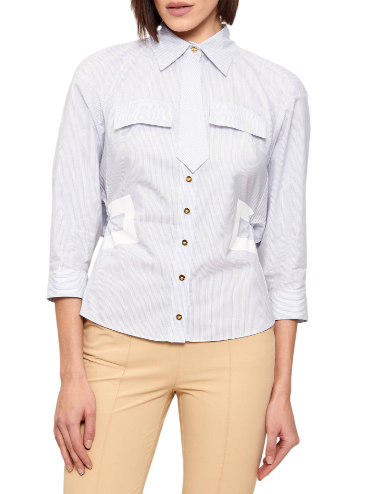 Elisabetta Franchi camicia a righe con cravattino celeste bianco CA13261 019 ELISABETTA FRANCHI