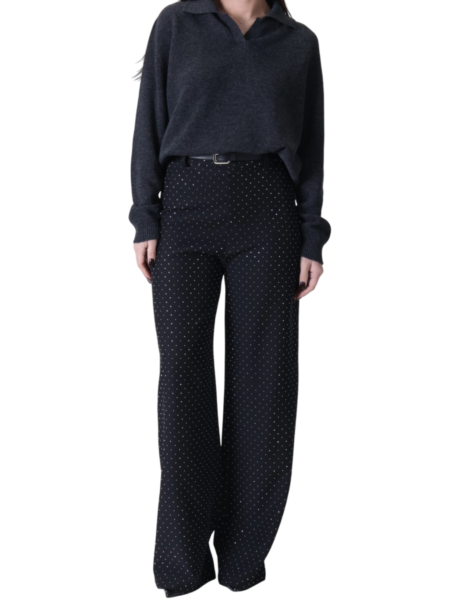 Haveone pantaloni palazzo con strass nero PFW-P325 NERO HAVEONE
