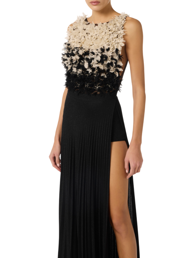 Elisabetta Franchi abito lungo plissè Red Carpet con petali nero ABR4462 685 ELISABETTA FRANCHI