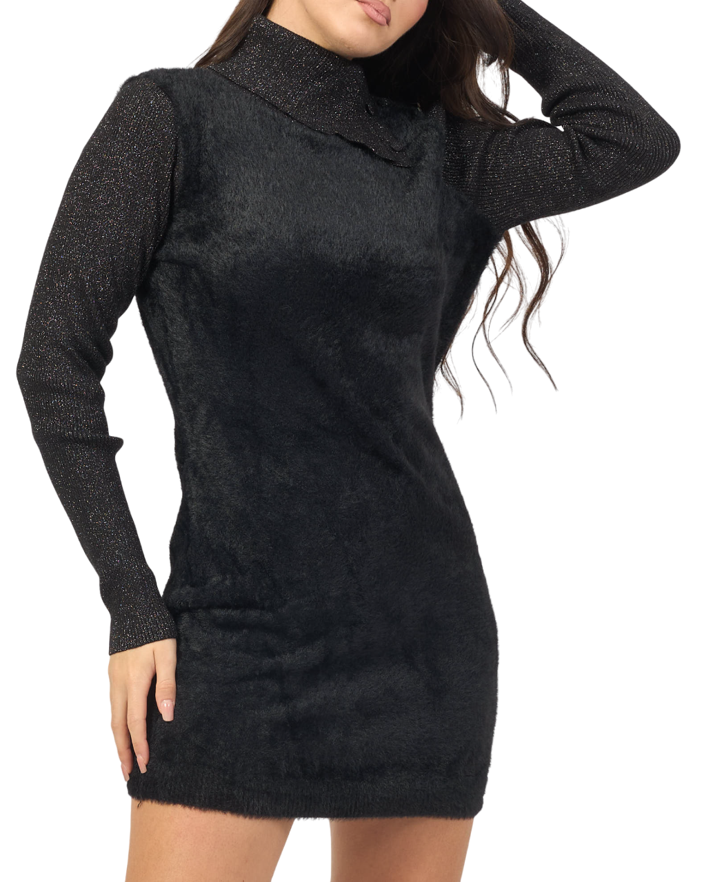Yes Zee abito dolcevita in maglia furry nero A026-IS00 0801 YES-ZEE