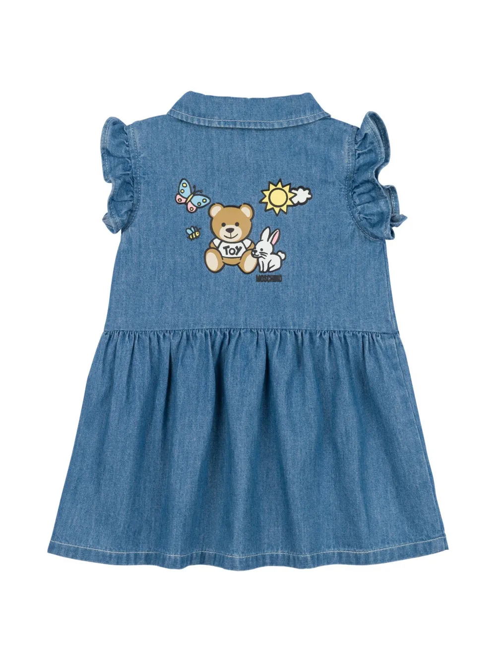 Moschino abito neonata in denim con volant lavaggio blu MDV0BX-L0E13 40933 MOSCHINO
