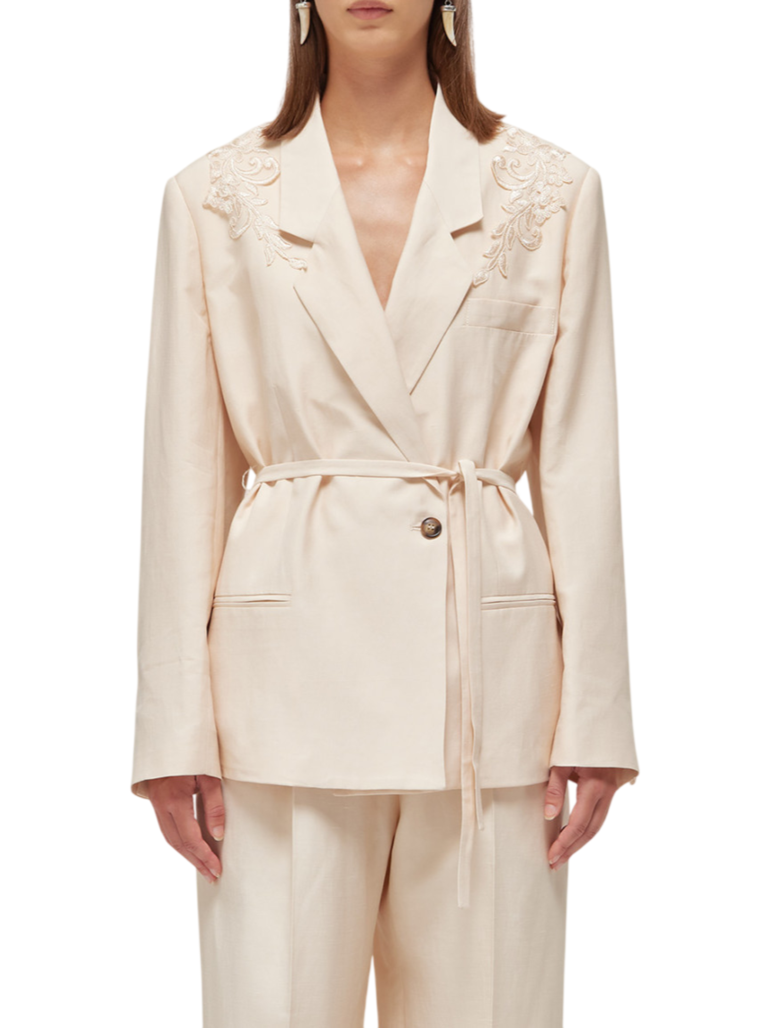 Blugirl giacca blazer doppiopetto misto lino con ricami rosa cipria RA6091T8823 P9545 BLUGIRL