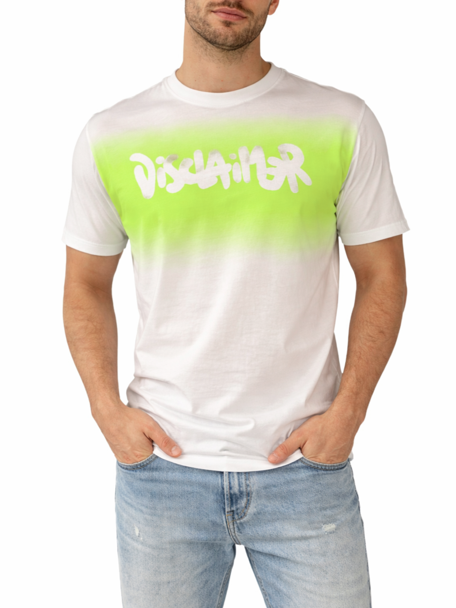 Disclaimer T-shirt uomo manica corta con logo bianco verde lime 55419 BIANCO DISCLAIMER
