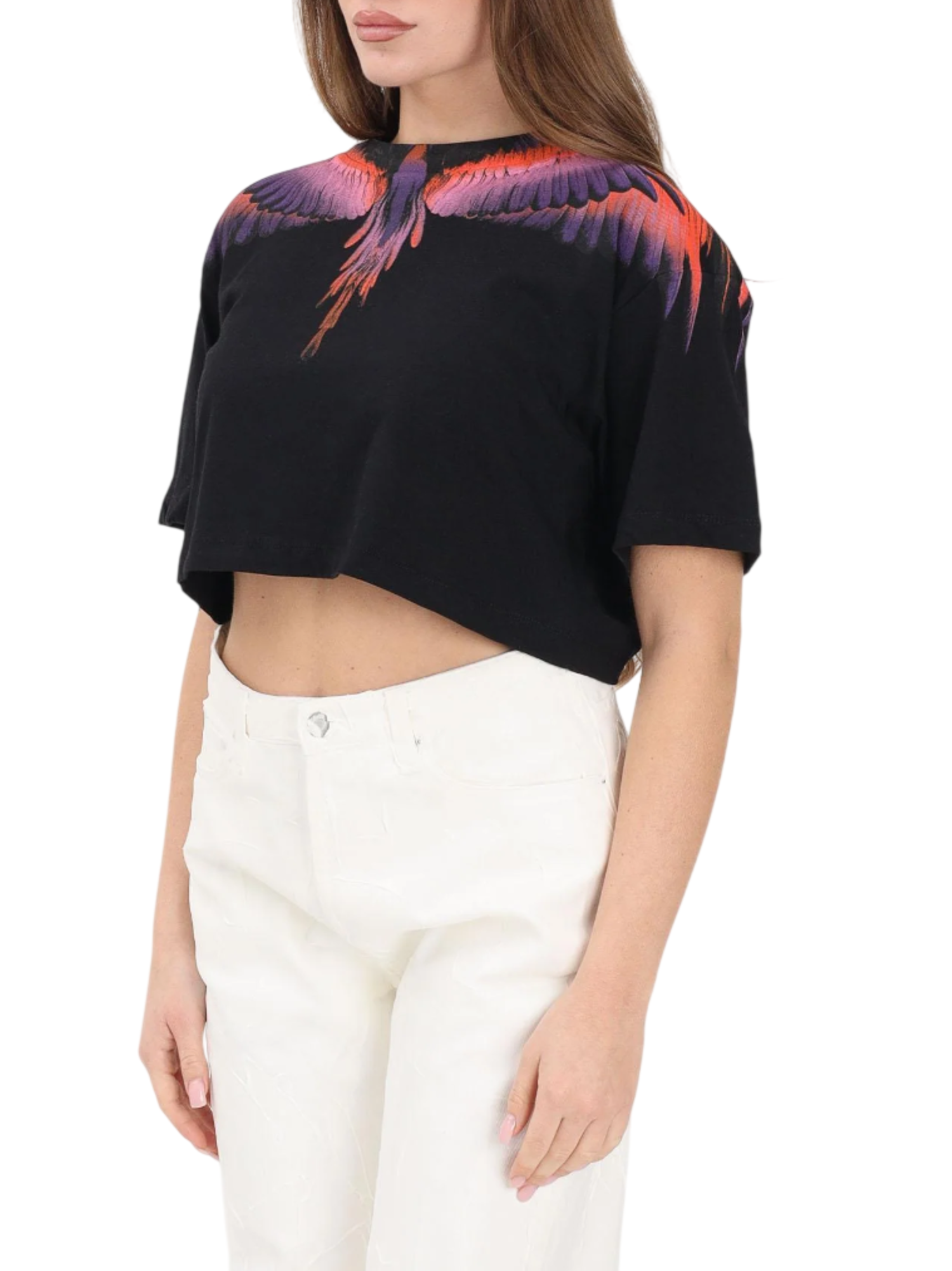 County of Milan T-shirt crop donna stampa iconica nero CM30122 NERO-WINGS VIOLA-ARANCIO COUNTY OF MILAN