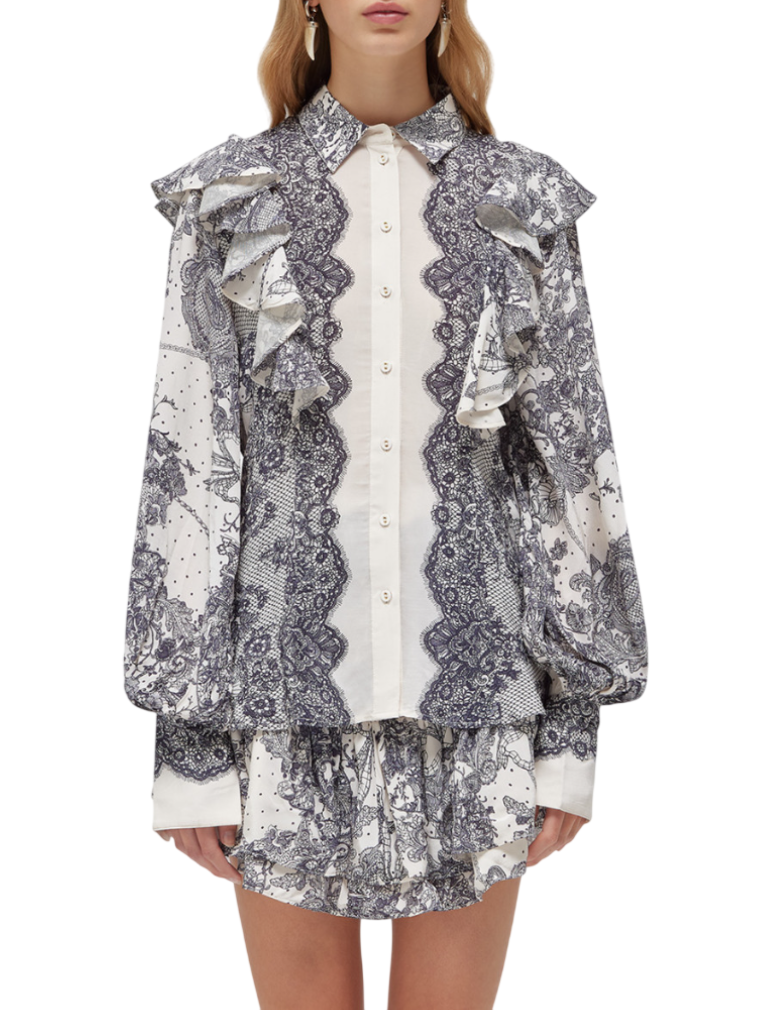 Blugirl camicia con rouches effetto pizzo panna blu RA6129T523A P9401 BLUGIRL