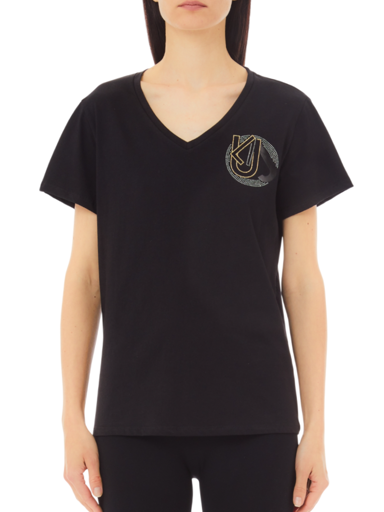 Liu Jo T-shirt manica corta con scollo a V logo strass nero TA5179J6040 M9178 LIU JO