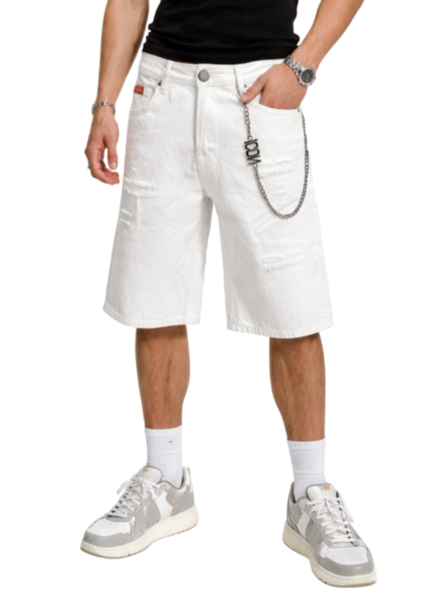 Icon bermuda uomo in denim con catenella panna IUD034 WHITE ICON