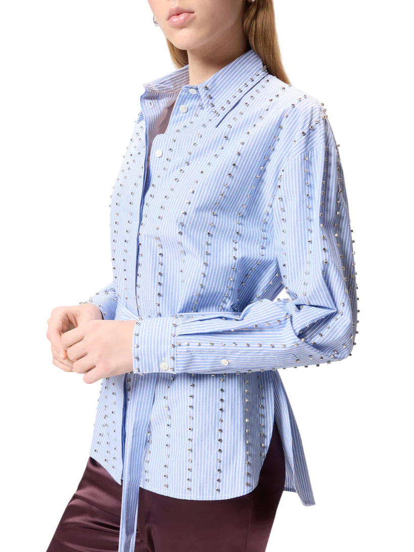 Pinko camicia Carley a righe con strass e cinta celeste bianco 106225-A32R ZE5 PINKO